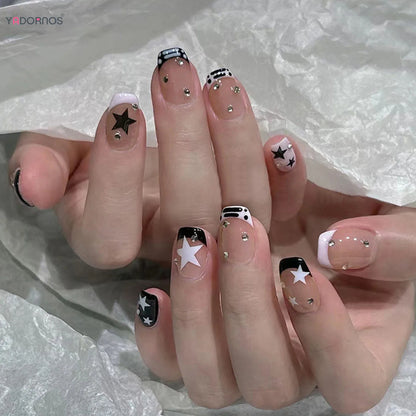 Short Square Fake Nails Y2K Style Nails Press on White/Black French Tips Star Diamond Designs False Nails for y2k Girls 24Pcs.