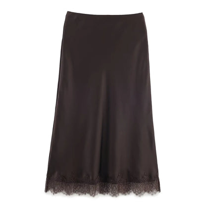 KONDALA Women Elegant Luxury Satin Lace Brown Black Skirt Long Straight Skirt 2025 New Spring Autumn Fashion Party Mujer Skirt.