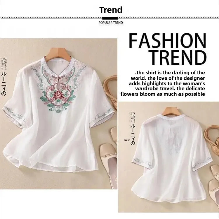 Retro Chinesischen Stil Lose Fit Baumwolle Leinen Kurzarm Shirt frauen Sommer Schwere Stickerei Abnehmen Top Flagge Kleid.