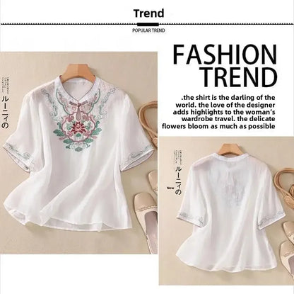 Retro Chinesischen Stil Lose Fit Baumwolle Leinen Kurzarm Shirt frauen Sommer Schwere Stickerei Abnehmen Top Flagge Kleid.