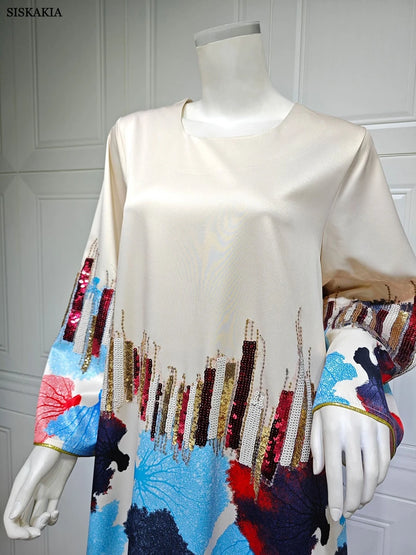 Siskakia Arab Saudi Printing Sequins Long Dresses Galabia Muslim Eid Women Abayas Islam Clothing Turkish African Kebaya 2024 New.
