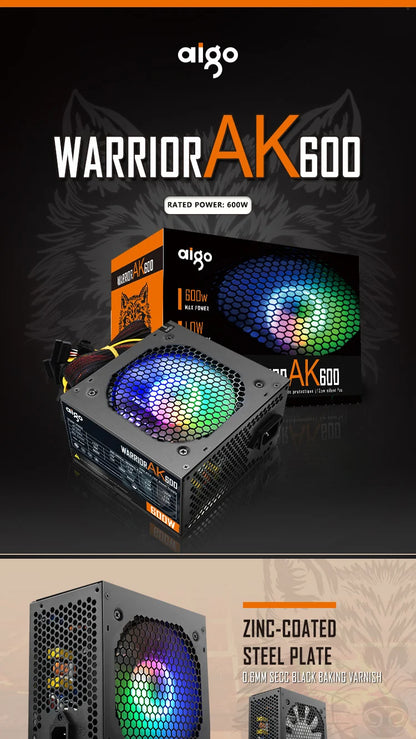 Aigo AK PC PSU Power Supply Unit 500W 600W 700W 800W 1000W Gaming 120mm RGB Fan 220V ATX Desktop computer Power Supply for BTC.