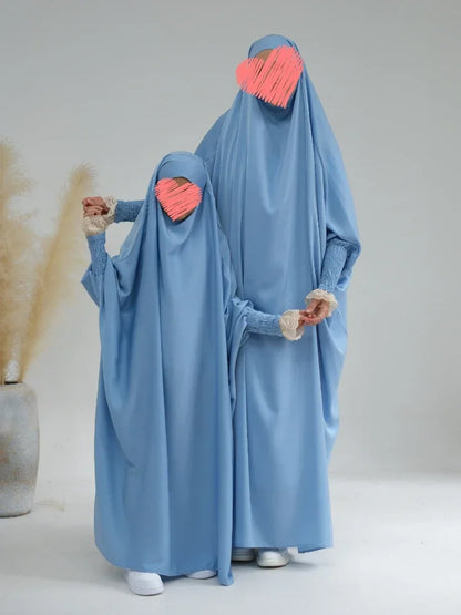Ramadan Muslim Robe 2 Piece Set Mommy & Kids Prayer Garment Hijab Dress Women Girls Hooded Abaya Niqab Islam Dubai Eid jilbab.