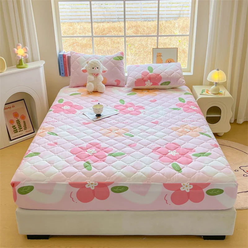 1pc Quilted Bed Cover Floral Style Bedspread Thicken Soft Bed Linen Elastic Mattress Protector cubre colchón (No Pillowcase).