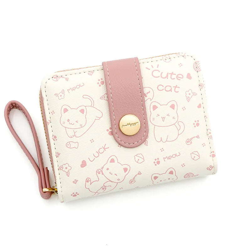Japanese Cute Cat Girls Wallet Short Student ID Bank Card Holder Money Bag Zipper Wallets For Women Key Storage Purse Coin Purse.
