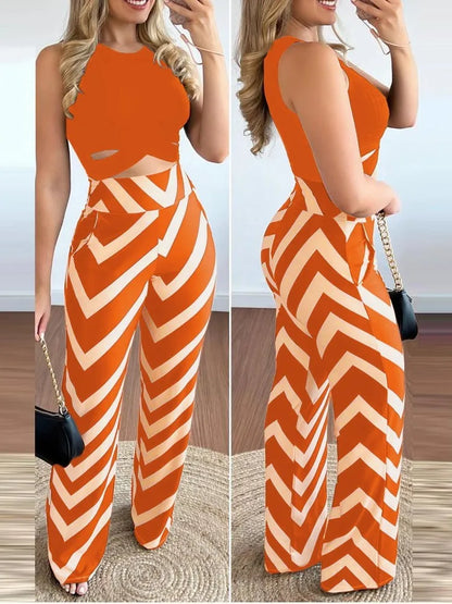 Spring Summer New Sleeveless Short Top Women's Suit Fashion Printed Trousers Slim Slim Simple Elegant Female Office 2 Piece Set.