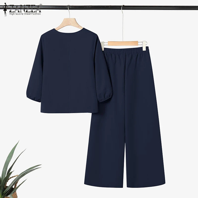 ZANZEA Autumn 2 Piece Sets Women Pant Sets Casual V Neck Long Sleeve Tops Pant Suit Elegant Solid Work Tracksuit Oversize 2025.