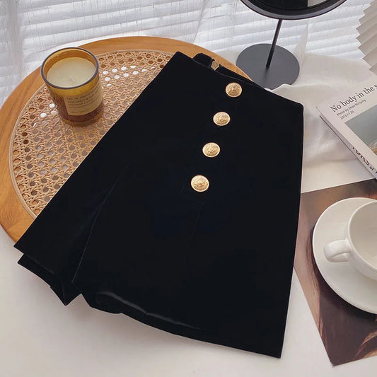 Velvet Black High Waist Slim Shorts Thicked Women's Winter New Korean Fashion Double-breasted Wide Leg Short Pants.
