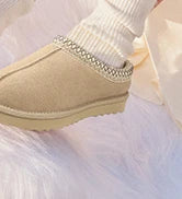 Litfun Winter Genuine Suede Snow Boots For Women Water Resistant Slides Soft Sole Ankle Boots Plush Lining Warm House Slippers.