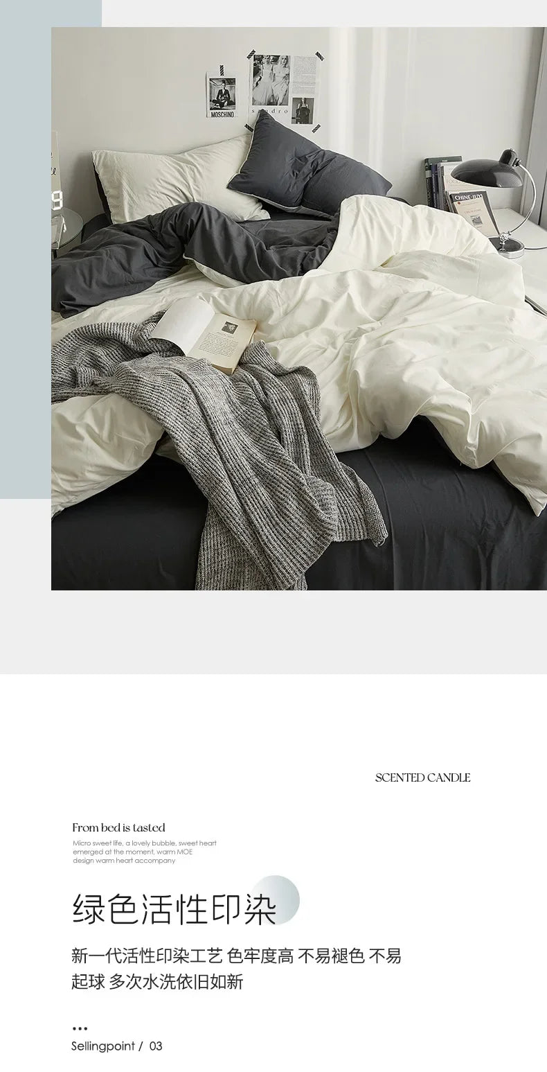 High Quality Solid Color Double Washed Cotton Bedding 4 Pieces Set Student Dormitory Bed Linen Duvet Set Bed Suit.