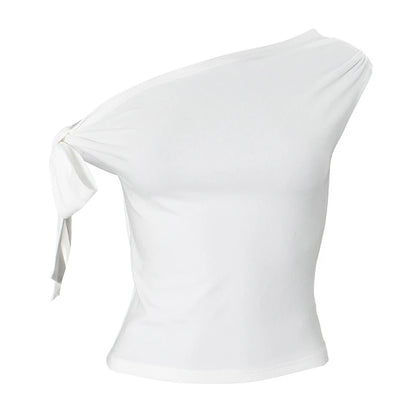 2024 Women'S Summer Ins Style New Shrink Pleated One-Shoulder Crop Top Backless Twist Tie Asymmetric T-Shirt Casual Top.