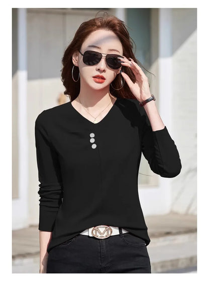 Wine red pure cotton long sleeved t-shirt for women's spring and autumn new style V-neck fashionable casual plus size loose top