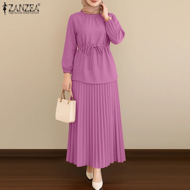 ZANZEA Elegant Women Autumn 2 Piece Sets Muslim Tracksuits Fashion Long Sleeve Tops Pleated Maxi Skirts Suit 2PCS Work Outfits.