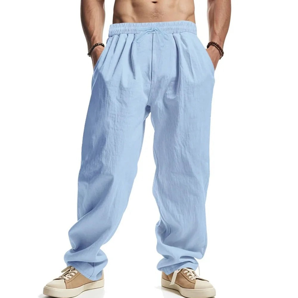 Men's Straight Leg Pants Cotton Linen Breathable Pants Lightweight Beach Hawaiian Style Lightweight Trousers Casual Sweatpants.