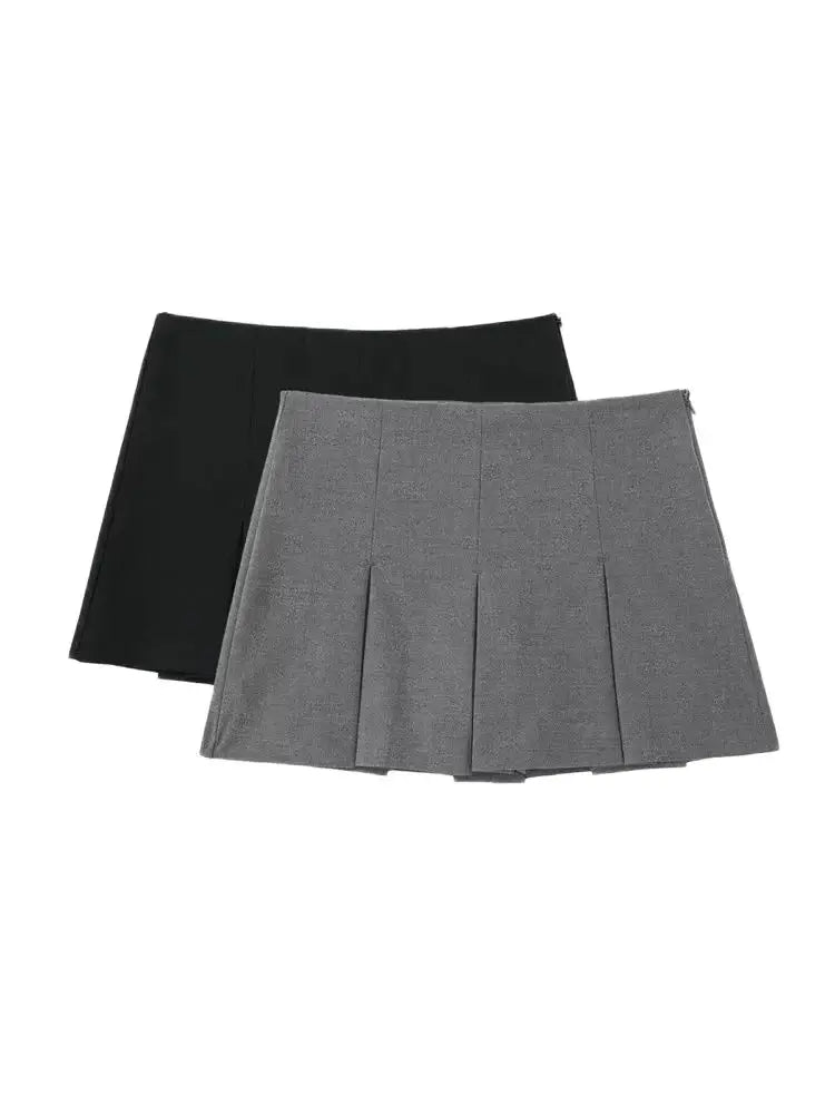 Women Fashion With Pleated Shorts Skirts Vintage High Waist Side Zipper Female Skort Mujer.