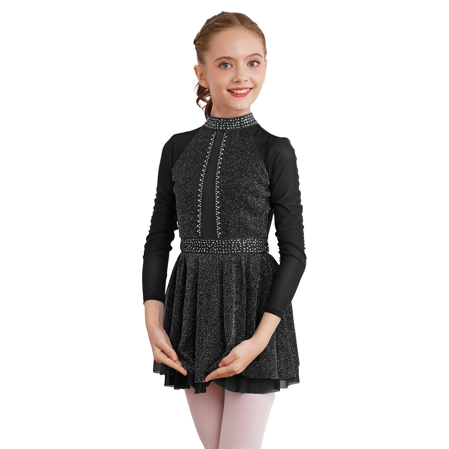 Kinder Mädchen Eiskunstlauf Kostüm Ballett lyrische Tanz gymnastik Trikot Kleid Langarm glänzend Mesh Performance Dance wear.