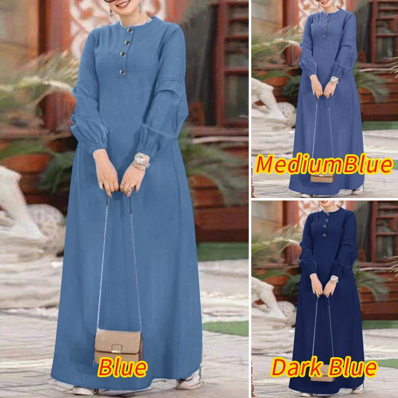 ZANZEA Muslim Women's Maxi Dress Islamic Hijab O Neck Half-Button Denim Blue Abaya Holiday Lantern Sleeve Loose Casual Vestidos.