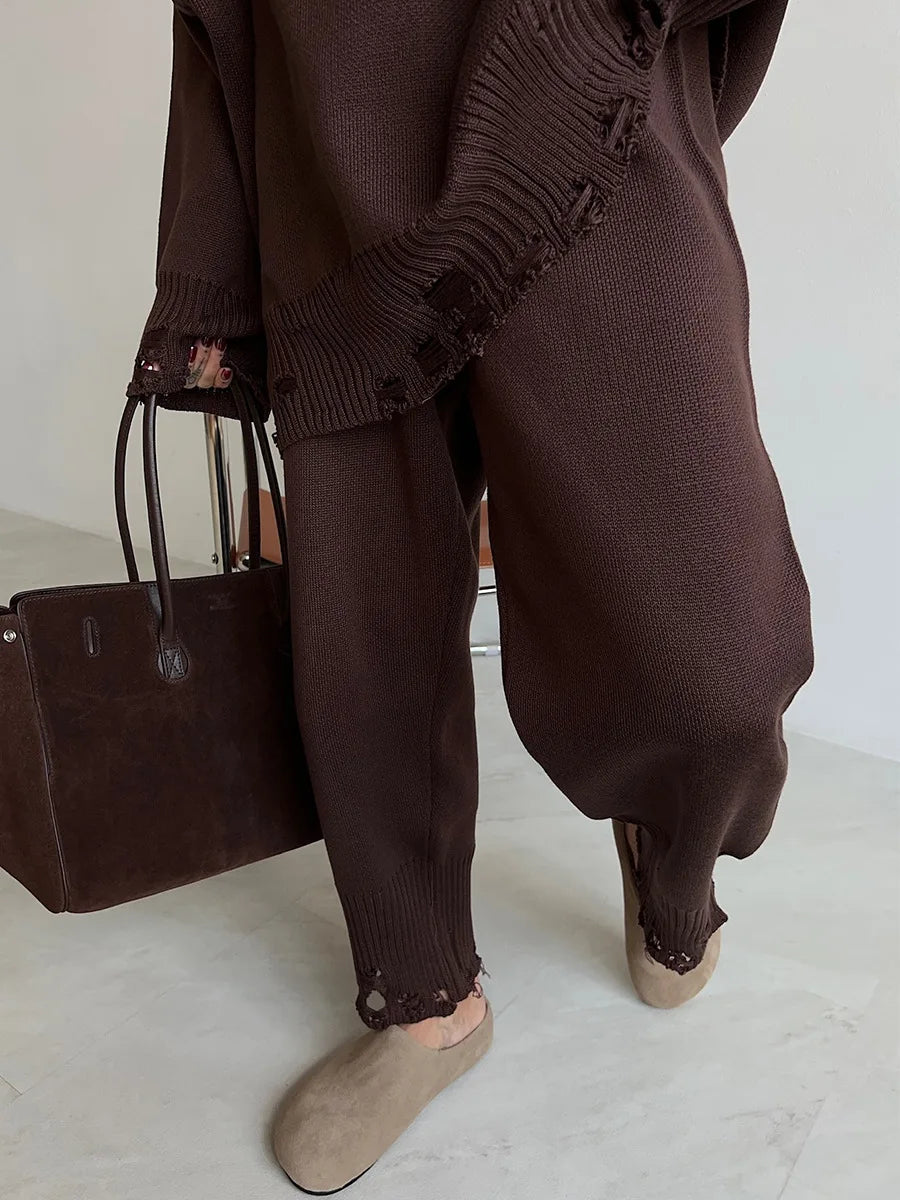 Two Piece Ripped Set Women Knit Tracksuits O Neck Long Sleeve Casual Baggy Sweatshirts+ Joggers Pants Outfits 2025 Fall Winter