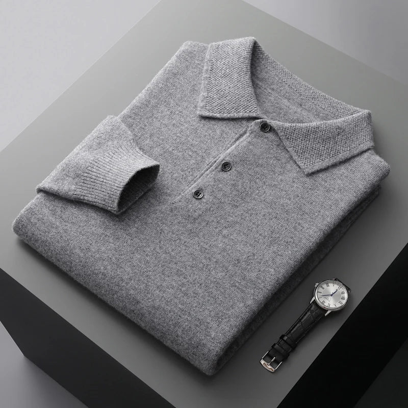 2025 Men's Autumn And Winter 100% Merino Pure Wool Knitted Sweater Men's Business Casual Knitted Polo Collar Pullover Top YJ1815