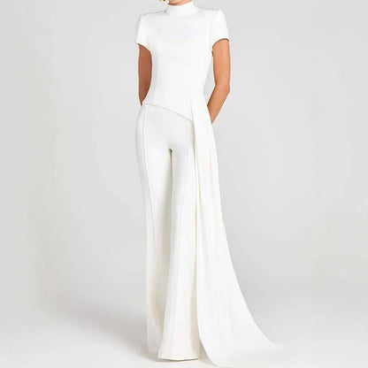 Women Elegant Commuting 2Pc Suit Fashion Stand Collar Solid Color Irregular Set Casual Short Sleeve Pullover & Long Pant Outfits.