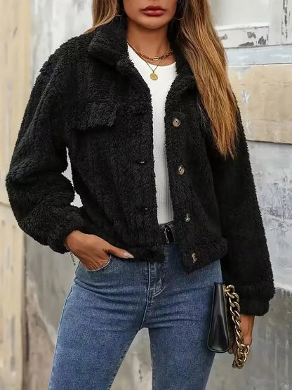 VigoCasey 2025, Herbst Winter Frauen Schwarze Jacke Einreiher Langarm Dicken Plüsch Warme Mantel Solide Dame Beiläufige Kurze Mantel