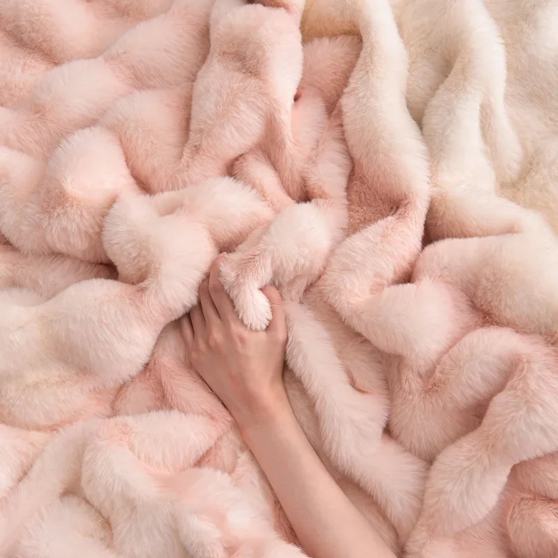 2024 new light luxury rabbit velvet four-piece set thickened warm milk velvet rabbit hair tie-dye bed sheet quilt cover.