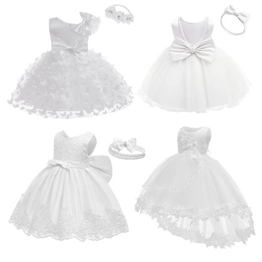 Weiße Blumenmädchenkleider für die Hochzeit, elegantes Kinder-Taufkleid und Kopfbedeckung, kurzärmelig, für Kinder, Kommunion, Geburtstagsfeier