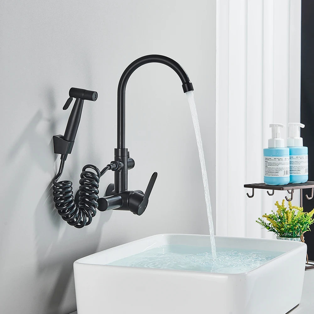 Kitchen Faucet With Spray Gun Wall Mounted Hot Cold Water Mixer Tap Rotatable Faucets Dual Water Mode No Dead corner Cleaning