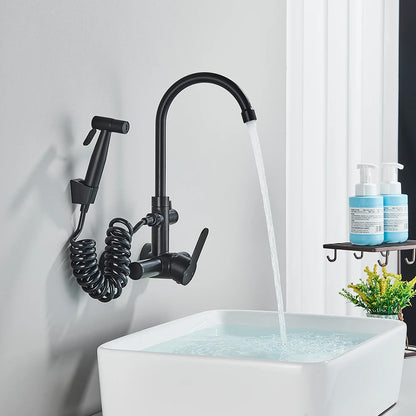Kitchen Faucet With Spray Gun Wall Mounted Hot Cold Water Mixer Tap Rotatable Faucets Dual Water Mode No Dead corner Cleaning