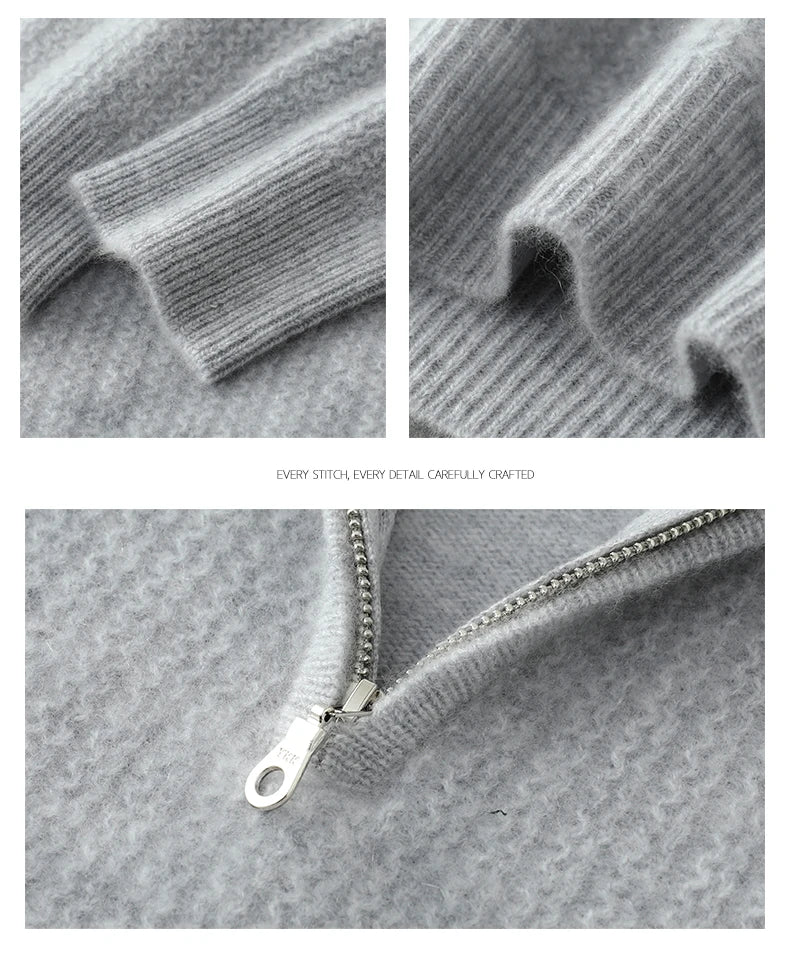 Men's 100% Merino Wool Thicken Sweater Half Zipper Mock Collar Pullover Autumn Winter Cashmere Knitwear Business Casual Clothing