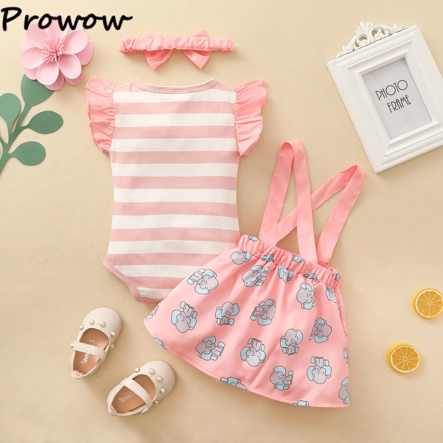 Prowow Günstige Preis Kleidung Baby Mädchen Outfits Set Niedlichen Elefanten Body und Hosenträger Kleid 3 stücke Neugeborene Geburt Set Kleidung.
