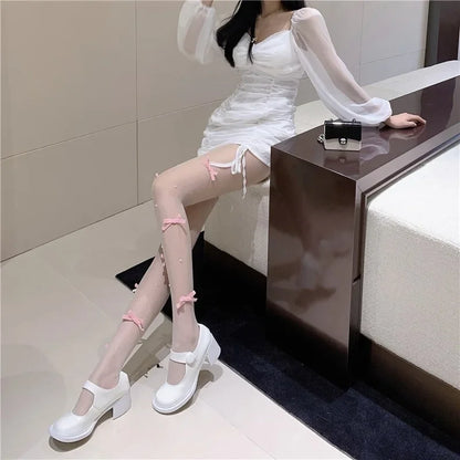 Sweet Pure Desire Butterfly Knot Stockings Pearl Pantyhose Women's Ultra Thin Any Cut Anti Snag Long Tube Socks.