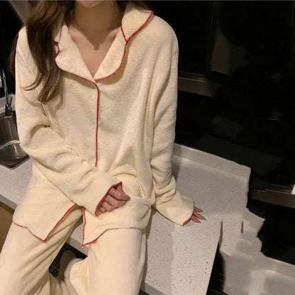 Flannel Women's Pajamas Sets Casual Autumn Winter Sleepwear Velvet Pyjama Ladies Cardigan Simple Bedroom Soft Warm Home Clothes.