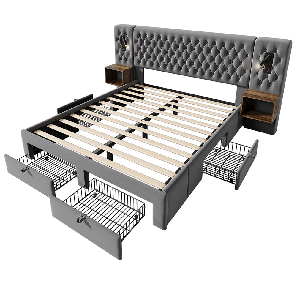 KOMHTOM Polsterbett mit 2 Nachttischen und 4 Schubladen, Kopfteil Leselicht mit USB-Ladefunktion, Samt (Ohne Matratze)