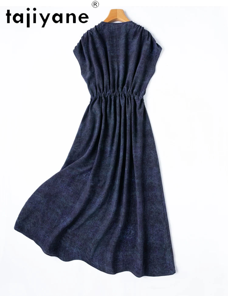 TAJIYANE 100% Maulbeerseide Kleid Frau Sommer 2025 Elegante Lange Kleider Denim Gedruckt Party Kleider Damen Kleidung Vestidos.