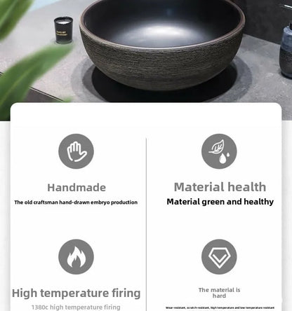 Jingdezhen Keramikgefäßwaschbecken – handgefertigtes rustikales Schwarz- und Sandkunstwaschbecken mit Spritzschutz-Design für den Badezimmer-Waschtisch individuell anpassbar