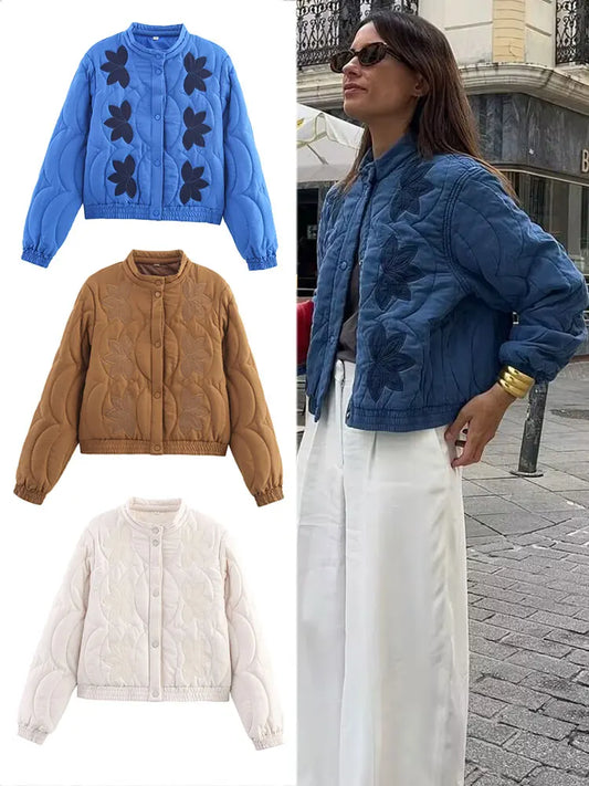 TRAFZA 2025 Herbst Frauen Stepp Crop Mantel Floral Stickerei Einreiher Langarm Jacke Winter Warme Vintage Oberbekleidung