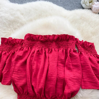 2024 Summer Green/Black/Red Two Piece Set Women Sexy Slash Neck Short Tops + High Waist Wide Leg Pants Female Suit New.