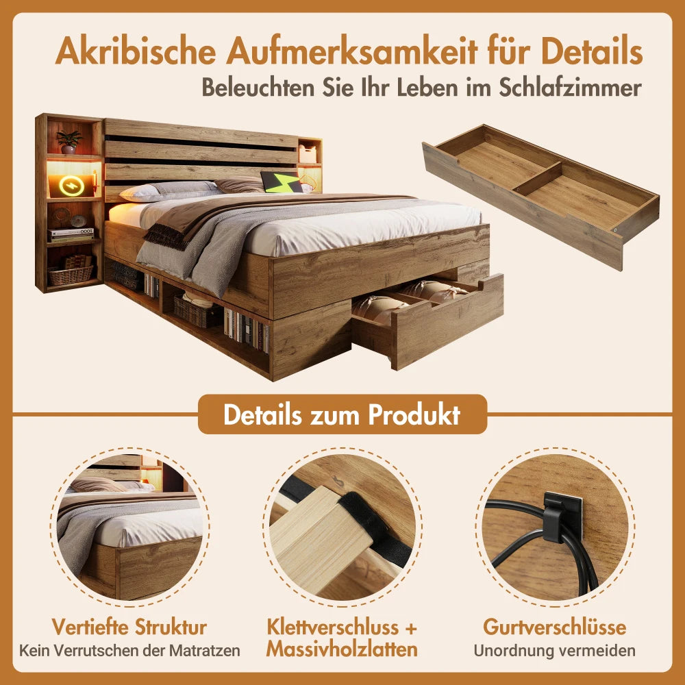 Bett mit gepolstertem Bettsystem mit Leselampe und USB-C-Nachttisch und Sitzbank mit Stauraum (ohne Matratze)