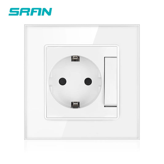 SRAN EU16A 250V Wandsteckdose mit Schalterknopf Steckdose Russland Spanien Edelstahl Glas PC Panel Steckdosen.