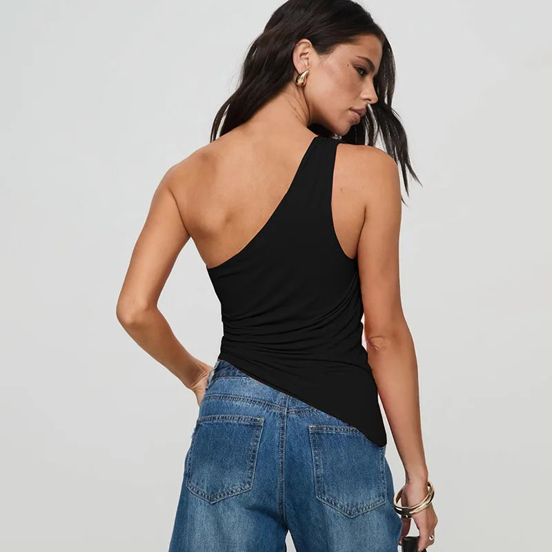 Cryptographic Summer Fashion One Shoulder Tops Slim Sexy Backless Basic Asymmetrical Women's Crop Top Tank Ruched Streetwear.