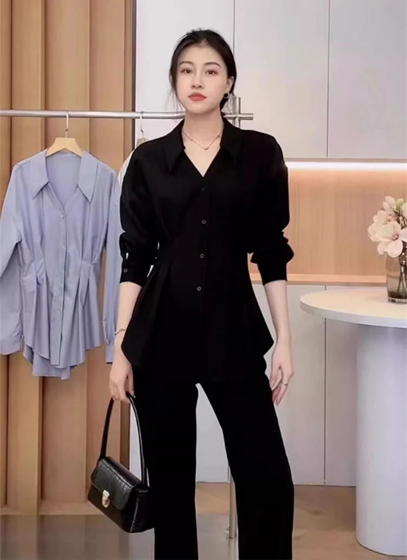 Waist Cinched Slimming Long Sleeve Shirts Women Spring Autumn All-Match Single Breasted Chic Shirt New Temperament Solid Tops.