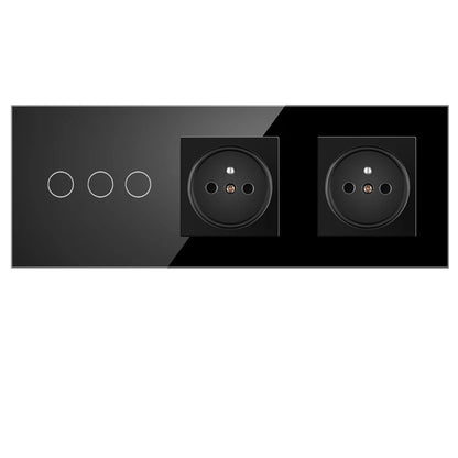 JHJCH Touch Lichtschalter Frankreich Steckdosen USB C Telefon Ladung Kristallglas 1/2/3Gang Wandschalter Doppelsteckdosen Schwarz