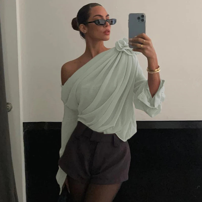 WhereMery Sexy Irregular Oblique-neck Flower Applique T Shirt Summer Off Shoulder Fashion Long Sleeve Crop Tops Street Mesh Tees.