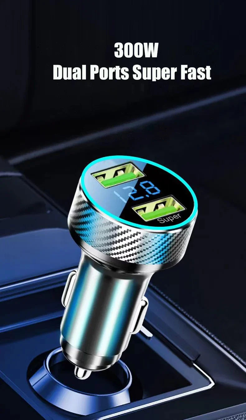 2 in 1 USB Car Charger Adapter 300W Super Fast Charge with Voltage Monitor for iPhone Samsung iPad Huawei Oneplus OPPO VIVO.