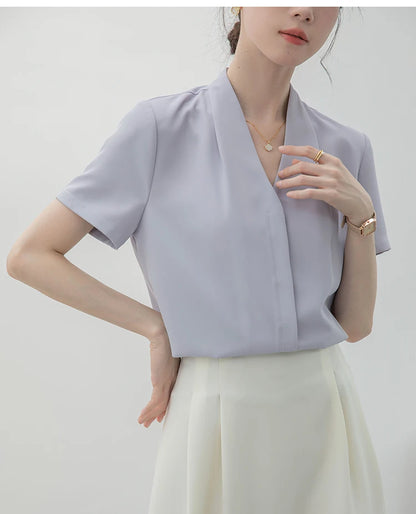 2025 Fashion Summer Short Sleeve V-Neck Women Blouse White Blouse Shirt Women Tops Blouses Shirts Blusas Para Mujer Camisas XL86.