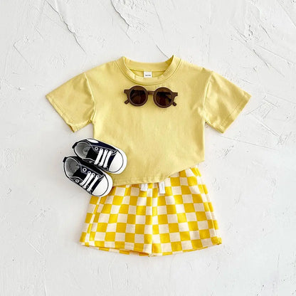 Ins Sommer Neugeborenen Jungen Mädchen Kleidung Baby Set Solide Kurzarm T-shirt + Schachbrett Shorts Baumwolle Casual 2PCS 0-3Y.