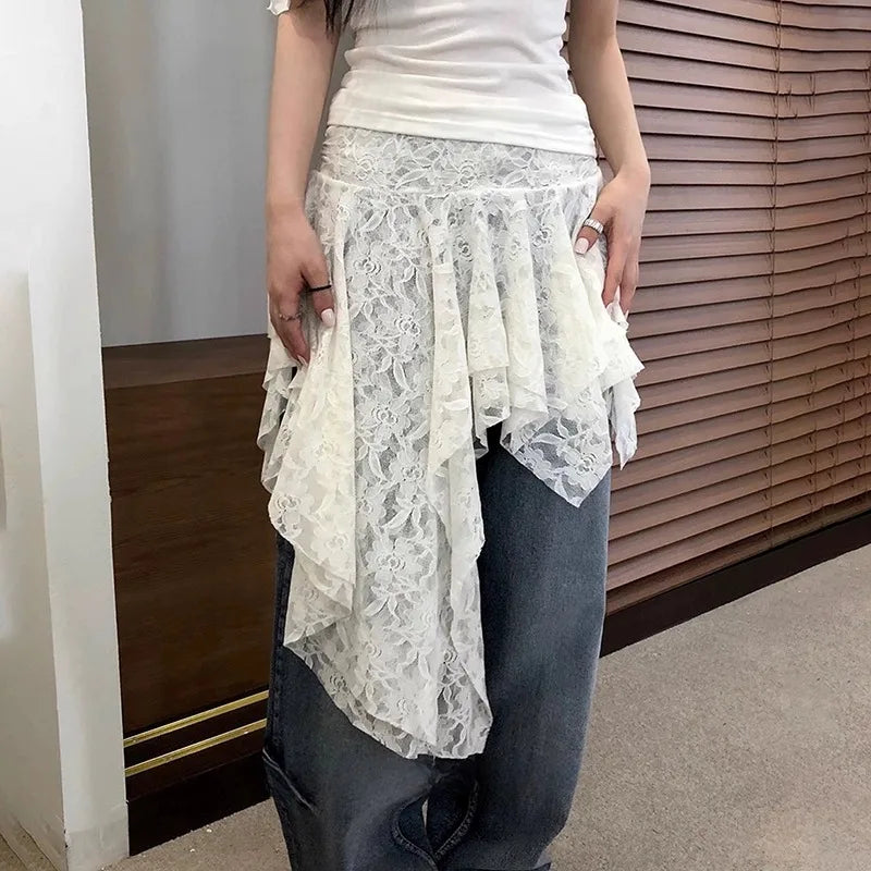 Asymmetrical Lace Skirt Pants Women High Waist Layered Skirt Y2k Japanese Vintage Jacquard Short Skirt 2025 Spring Clothing