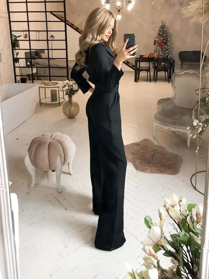 Slim Fit One Piece Pants V Neck Solid Color Long Pants Autumn New Style Commuter Women's Clothing Pure Color Overalls.