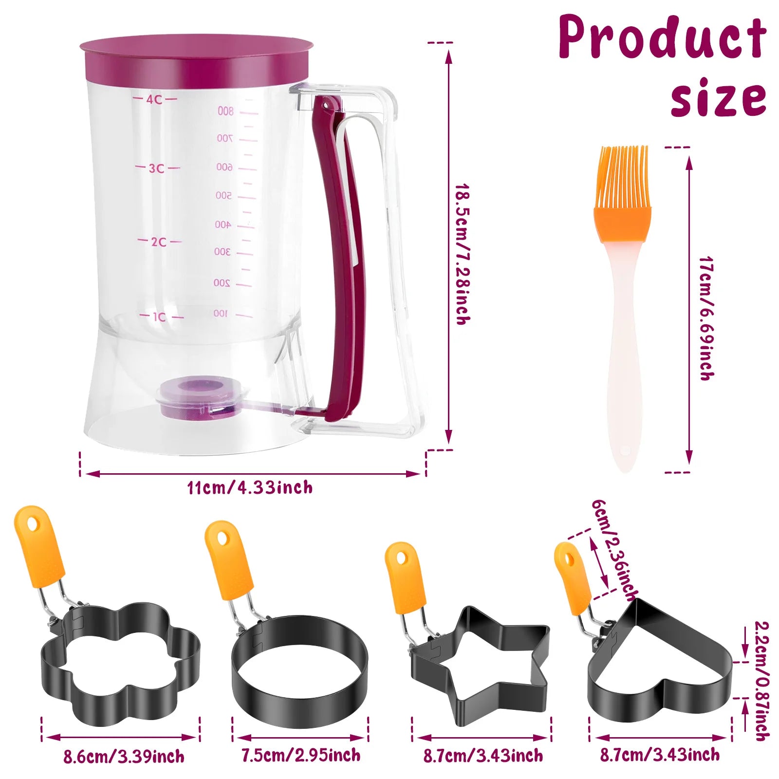 Handheld Batter Dispenser with Fried Egg Mold Set Pancake Cupcake Batter Dispenser Muffin Waffles Pastry Paste Distribution Tool.